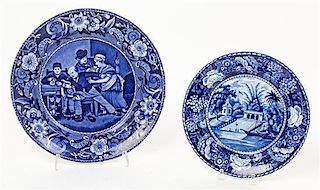 Two Blue and White Transferware Pottery Plates Diameter of larger 10 1/8 inches.