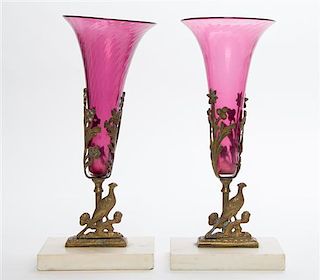A Pair of Victorian Style Brass, Marble and Glass Trumpet Vases Height 13 1/4 inches.