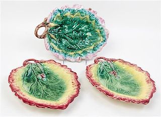 A Set of Three Majolica Leaf Form Dishes Width of largest 12 1/4 inches.