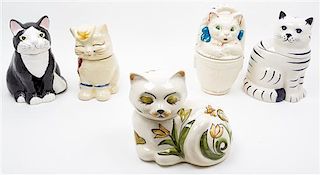Five Porcelain Cat Form Cookie Jars. Height of tallest 11 3/4 inches.