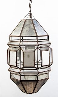 A Faceted Glass and Mirrored Pendant Lamp Height 19 1/2 inches.