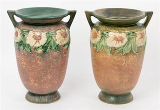 A Pair of Roseville Dahlrose Pottery Vases. Height 12 1/4 inches.