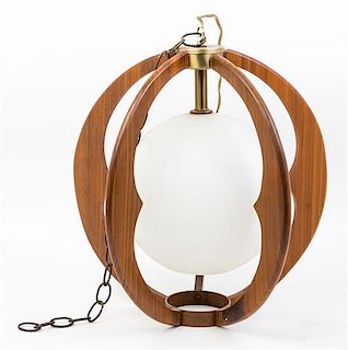 A Danish Teak and Glass Pendant Lamp Height 16 1/2 inches.