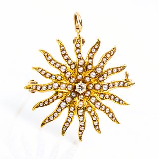 Antique 14K Seed Pearl and Diamond Brooch Pendant