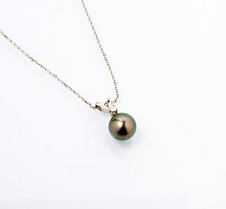 14K White Gold Grey Tahitian Pearl and Diamond Necklace