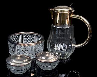 * A Group of Silver-Plate Mounted Glass Table Articles Height of pitcher 11 3/8 inches.