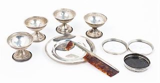 * A Group of Nine Silver Articles, , comprising four dessert cups, three coasters, a small dish and a silver and tortoise shell