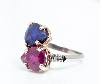 Platinum Ruby and Sapphire Moi et Toi Ring