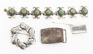* A Group of Four Silver Accessories, , including a buckle, two pins, and a Mexican silver and hardstone bracelet.