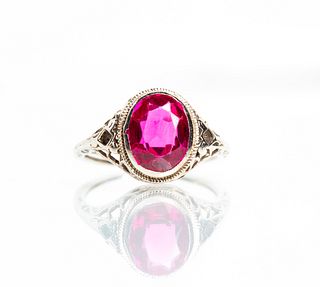 Antique White Gold Filigree Synthetic Ruby Ring