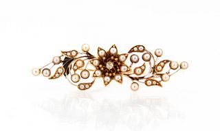 Antique Pearl and Diamond Floral Brooch in 14K
