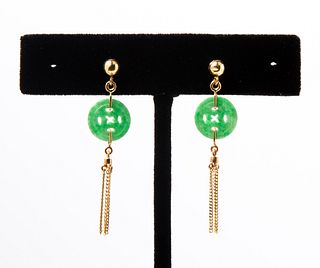 14K Vintage Jade Disk Earrings with Tassel Drop