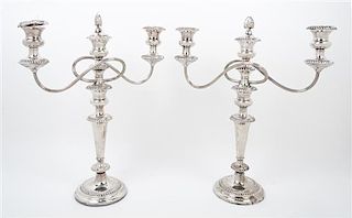 A Pair of English Silver-Plate Three Light Candelabra Height 17 1/4 inches.