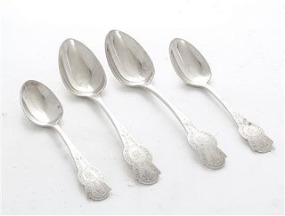 A Collection of American Coin Silver Spoons, N. Harding & Co., Boston, MA, comprising 11 teaspoons and 11 soup spoons, each deco