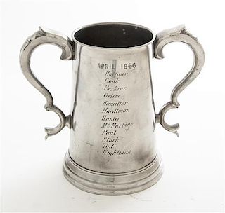 An English Silver-Plate Two Handled Presentation Cup, James Dixon and Sons, Cornish Place, Sheffield, of tapering cylindrical fo