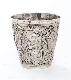A German Silver Beaker, Georg Roth & Co., Hanau, worked to show scenes of courting couples with C-scroll and foliate decorated b