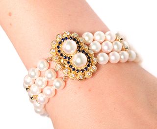 14k Yellow Gold, Sapphire Diamond & Pearl Bracelet