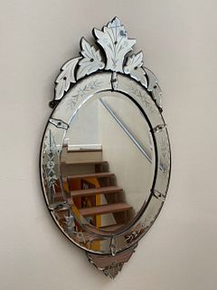 Vintage Venetian Glass Etched Oval Wall Mirror