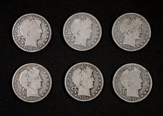Group, 6 Barber Half Dollar Coins