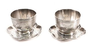 Pair, Japanese Sterling Silver Sake Cups/Saucers