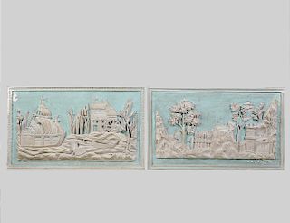 PAIR OF IMPRESSIVE CARVED AND PAINTED WOOD PANELS