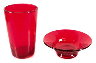 Two Pieces Antique English Ruby Red Blown Glass