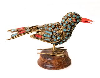 Turquoise & Coral Beaded Brass Bird on Stand