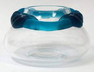 LALIQUE CLEAR AND TURQUOISE CRYSTAL "CYRUS" VASE