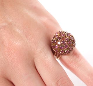 Vintage 18k Yellow Gold Ruby Cluster Dome Ring