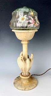 Alabaster Carved 3 Birds Art Deco Lamp