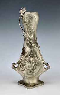Art Nouveau Pewter Vase with Lady's Face