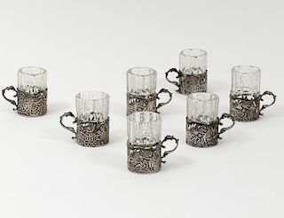 SET OF SEVEN CONTINENTAL SILVER AND ETCHED GLASS LIQUOURS