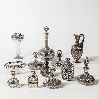 Twelve Silver Overlay and Deposit Glass Vessels