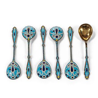 Six Silver-gilt and Enamel Spoons