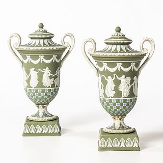 Pair of Wedgwood Tricolor Jasper Dip Diceware Vases and Covers