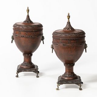 Pair of Carved and Turned Oak Urns and Covers