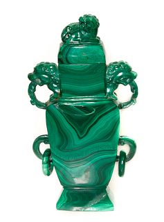 Chinese Malachite Carved Covered Urn