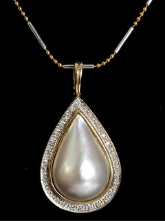 14k YG Pearl & Diamond Pendant Necklace
