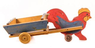 Vintage Wooden Painted Chicken Pulling Cart Toy