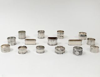 GROUP OF FIFTEEN ASSORTED STERLING SILVER AND SILVER PLATED NAPKIN RINGS