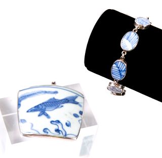 2 Pcs Vintage Chinese Blue & White Shard Jewelry