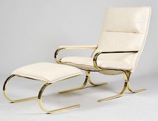 MODERN GILT METAL AND LEATHER ARM CHAIR AND STOOL