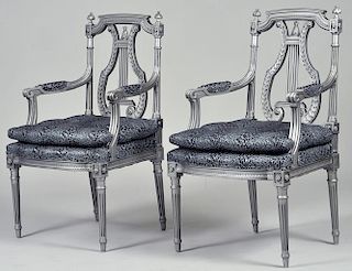 PAIR OF LOUIS XVI STYLE SILVERED FAUTEUILS
