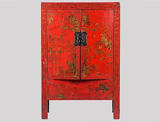 GILT DECORATED RED LACQUER SIDE CABINET