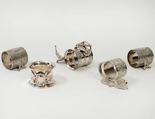 GROUP OF FIVE VICTORIAN SILVER PLATED NAPKIN RINGS