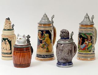GROUP OF FIVE POTTERY STEINS