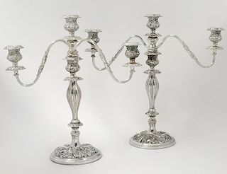 PAIR OF SILVER PLATED THREE LIGHT CANDELABRAS