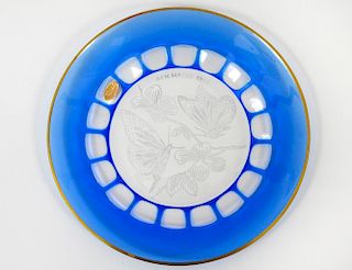 SET OF TEN MOSER BLUE OVERLAY GLASS DESSERT PLATES