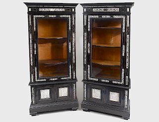PAIR OF EBONIZED AND IVORY INLAID FLAT FRONT CABINETS