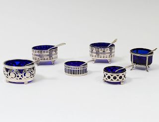 GROUP OF SIX ASSOCIATED STERLING SILVER AND SILVER PLATED OPEN SALTS
